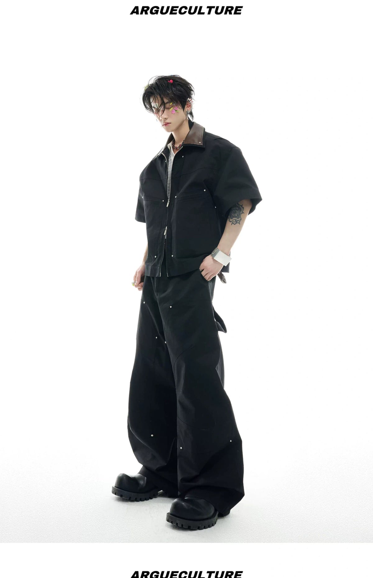 Deconstructed PU-Panel Short-Sleeve Jacket - description image 12