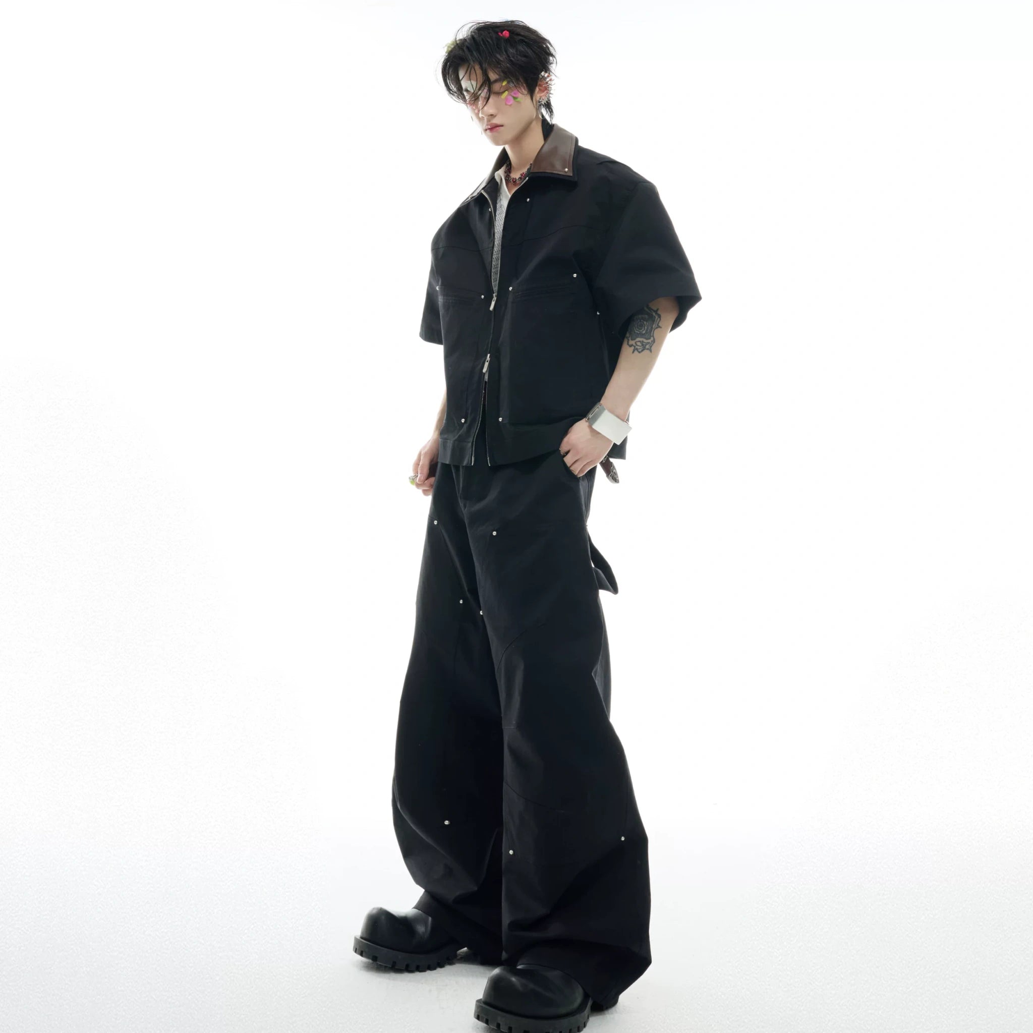 Deconstructed PU-Panel Short-Sleeve Jacket - main image 1