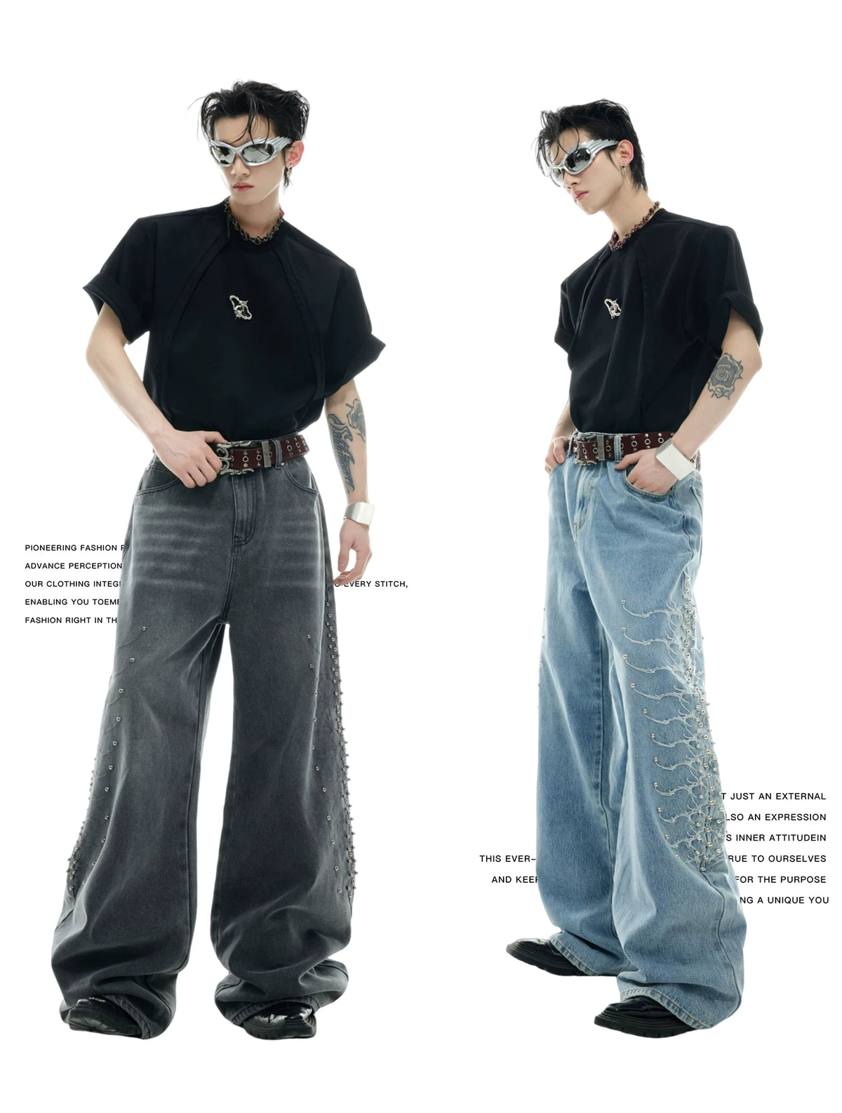 Washed Rivet Straight-Leg Jeans | Embroidered Denim - description image 2