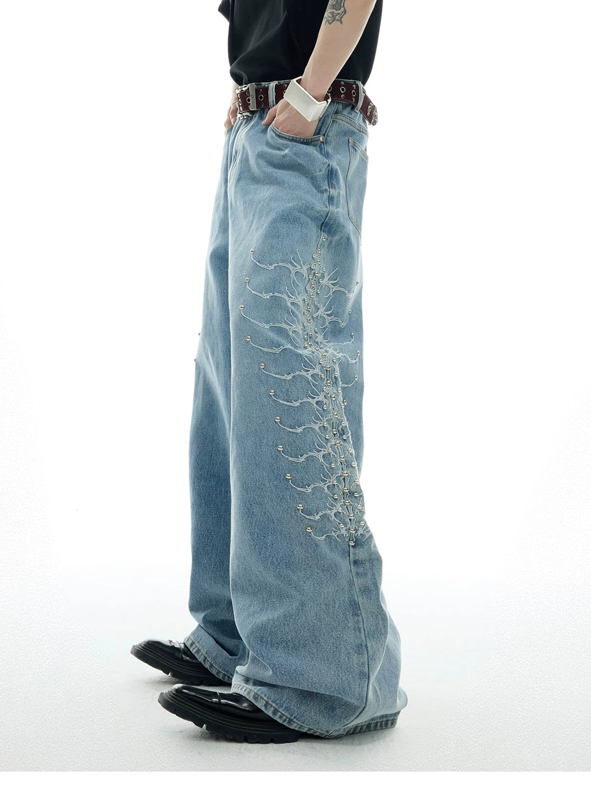 Washed Rivet Straight-Leg Jeans | Embroidered Denim - description image 3