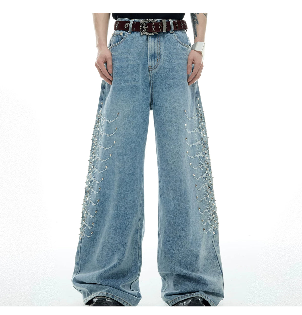 Washed Rivet Straight-Leg Jeans | Embroidered Denim - description image 4