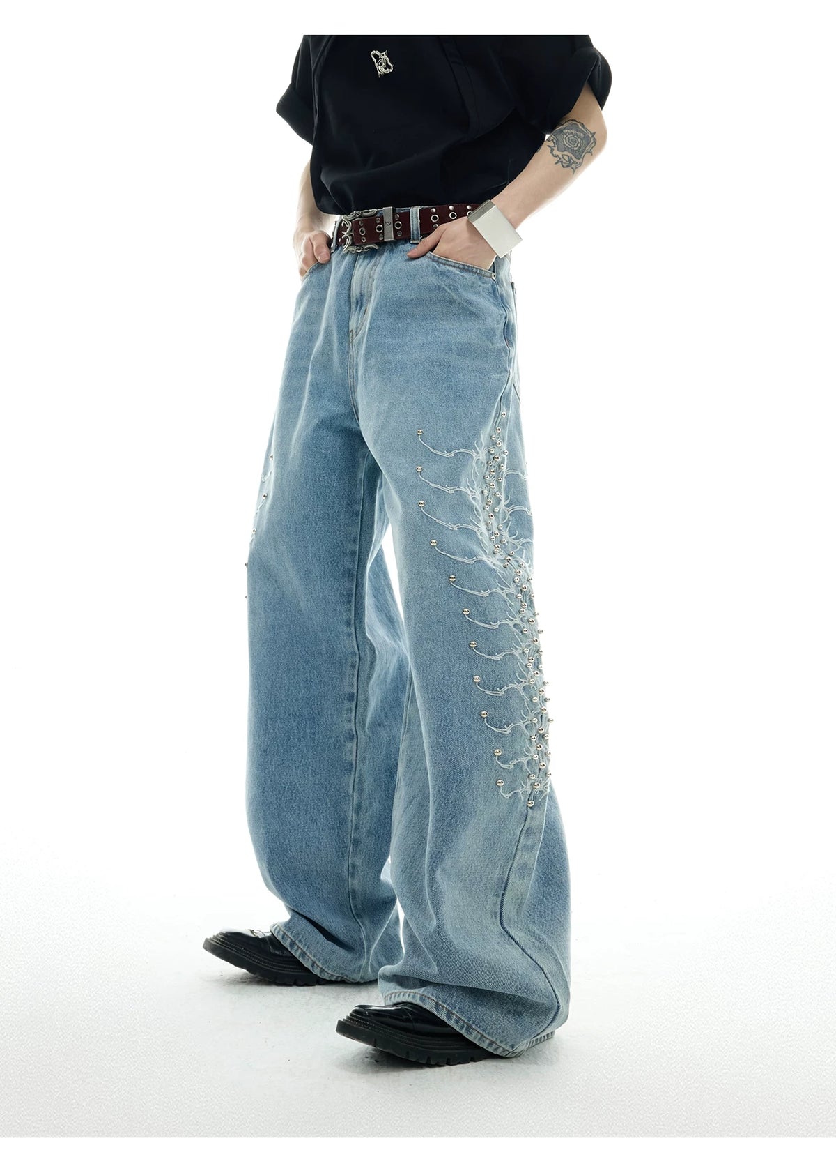 Washed Rivet Straight-Leg Jeans | Embroidered Denim - description image 5