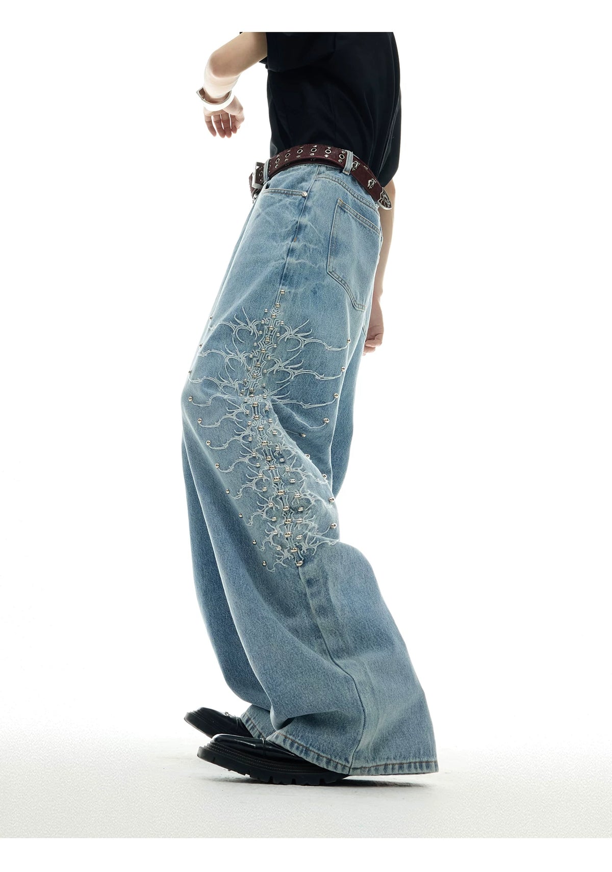 Washed Rivet Straight-Leg Jeans | Embroidered Denim - description image 7