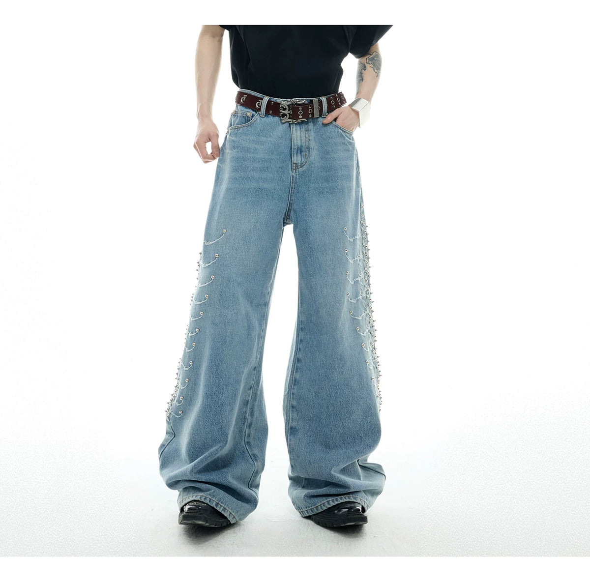 Washed Rivet Straight-Leg Jeans | Embroidered Denim - description image 8