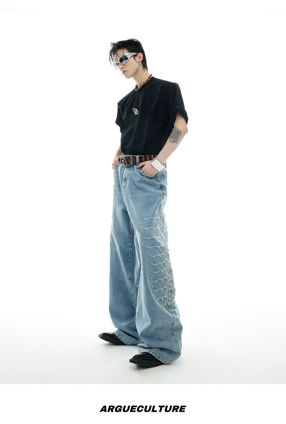 Washed Rivet Straight-Leg Jeans | Embroidered Denim - description image 9