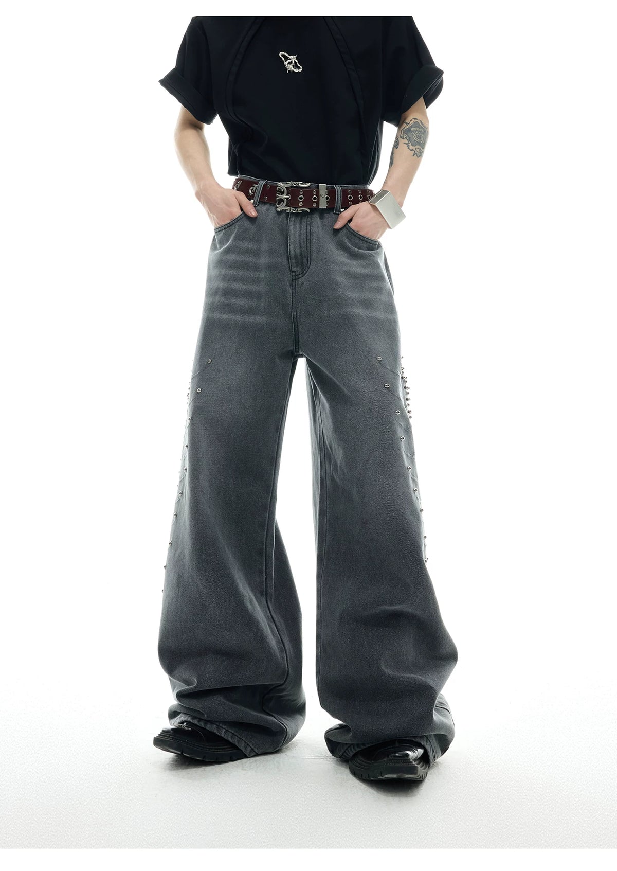 Washed Rivet Straight-Leg Jeans | Embroidered Denim - description image 10