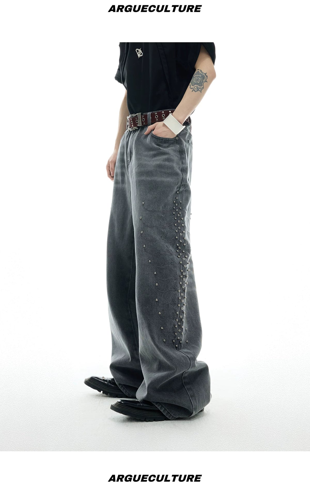 Washed Rivet Straight-Leg Jeans | Embroidered Denim - description image 11
