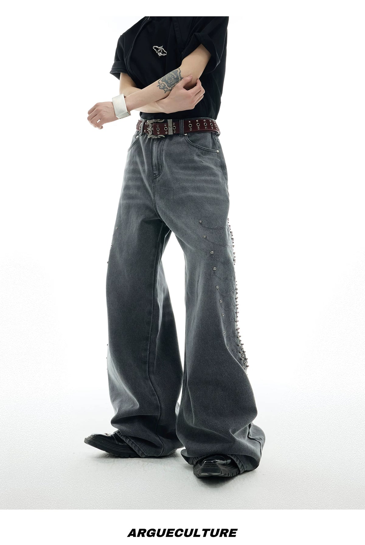 Washed Rivet Straight-Leg Jeans | Embroidered Denim - description image 12