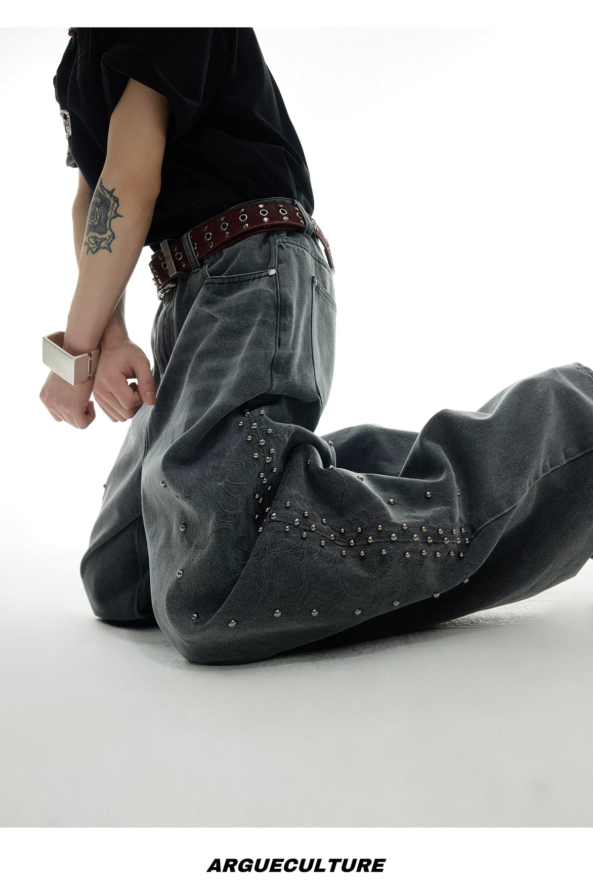 Washed Rivet Straight-Leg Jeans | Embroidered Denim - description image 13