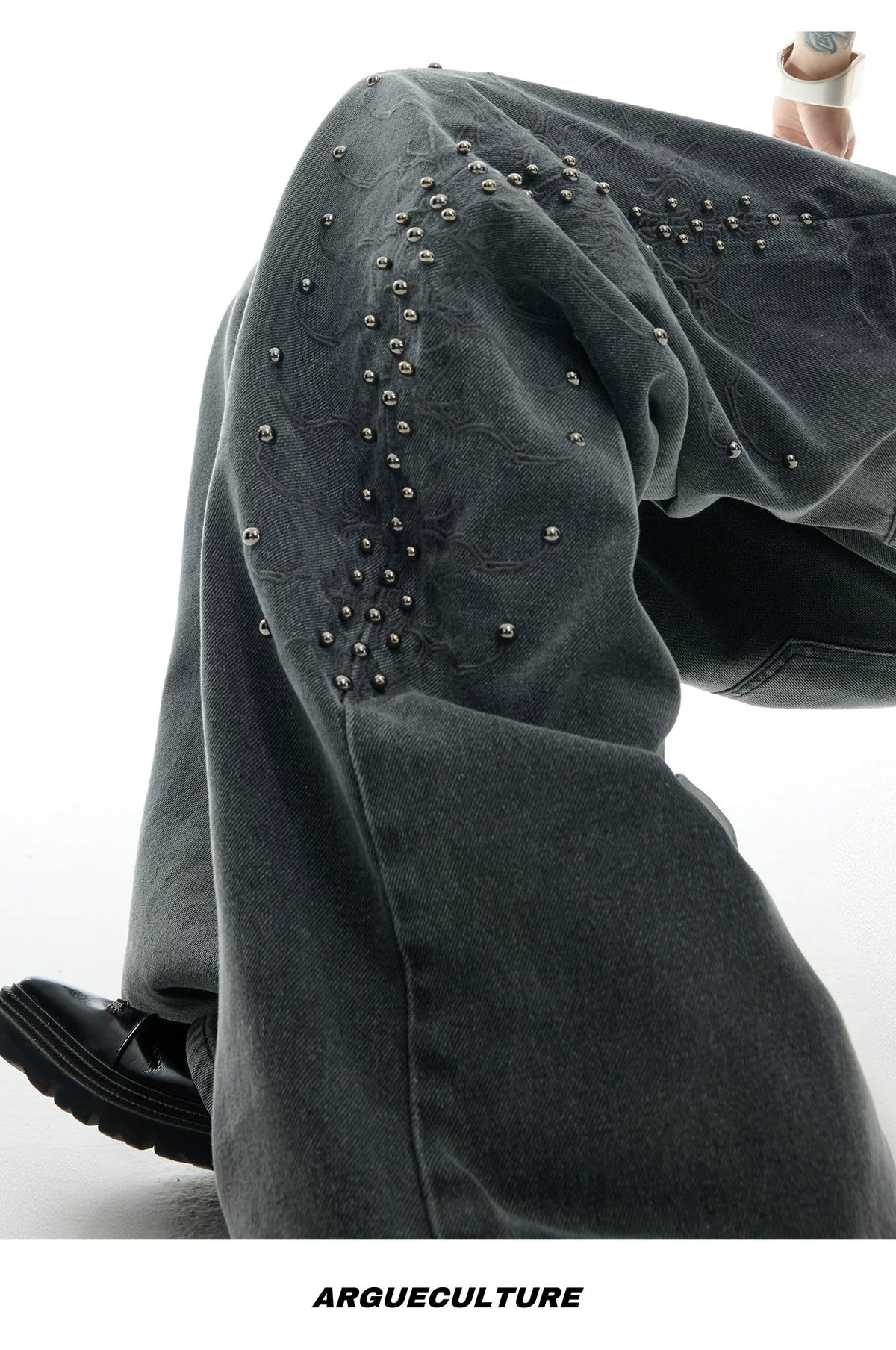 Washed Rivet Straight-Leg Jeans | Embroidered Denim - description image 14