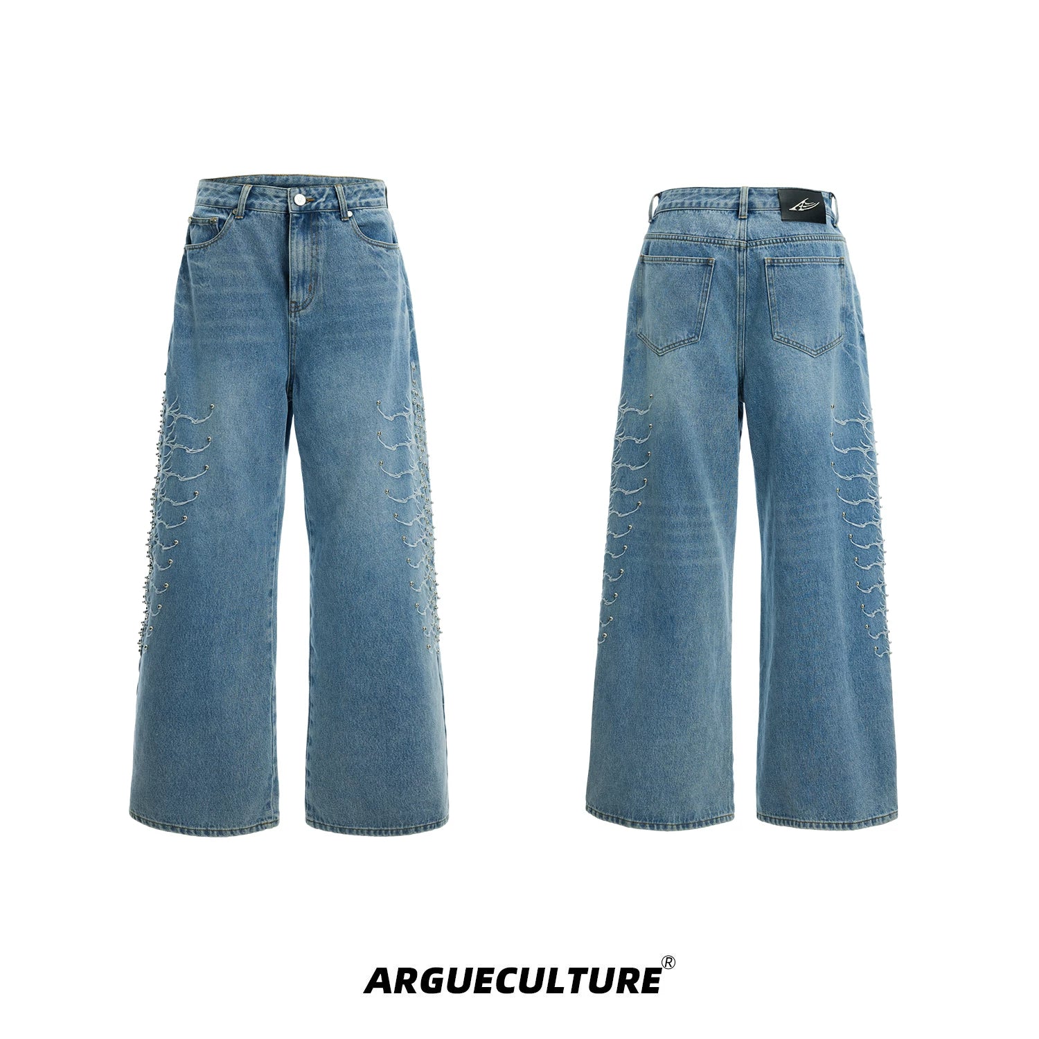 Washed Rivet Straight-Leg Jeans | Embroidered Denim - Blue