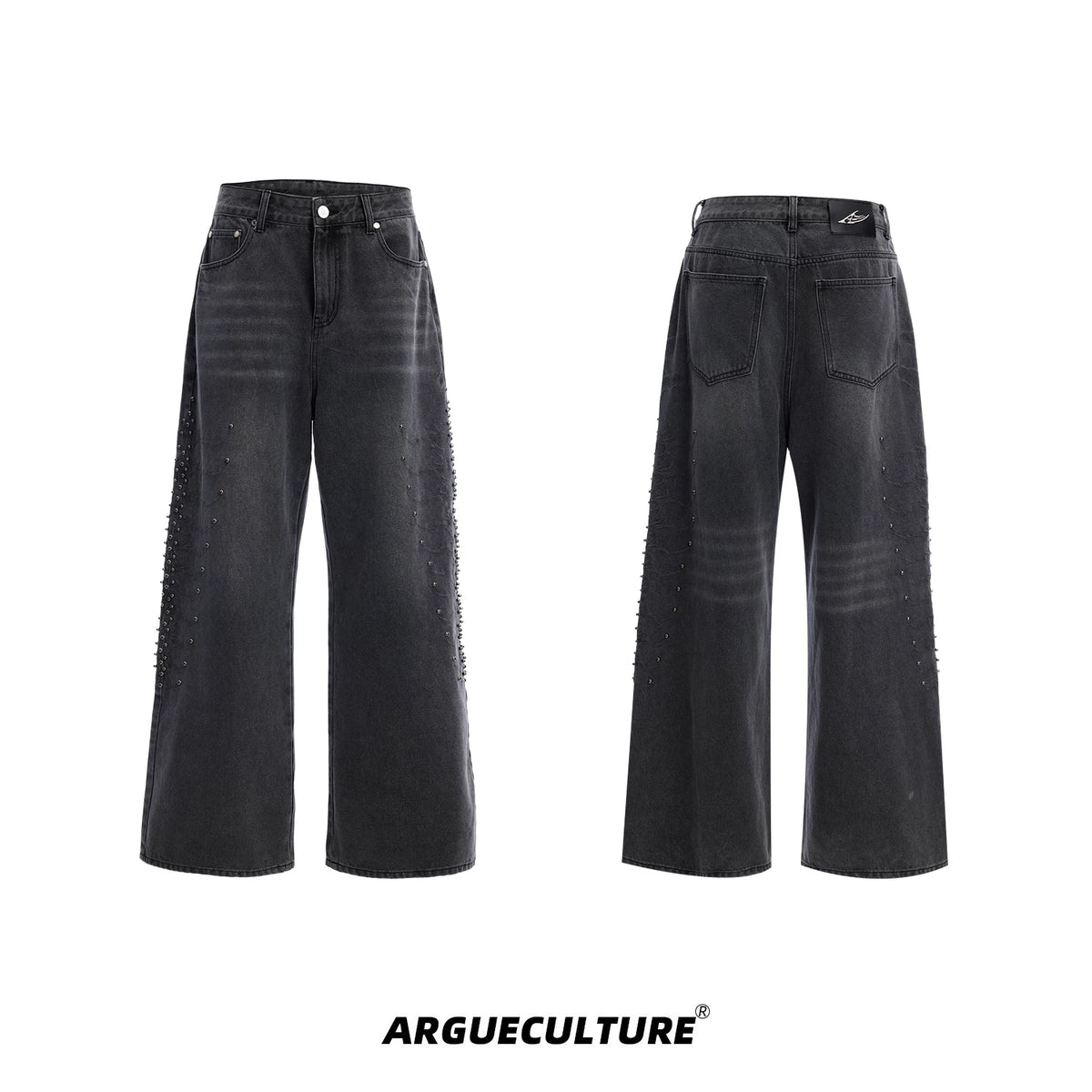 Washed Rivet Straight-Leg Jeans | Embroidered Denim - Gray