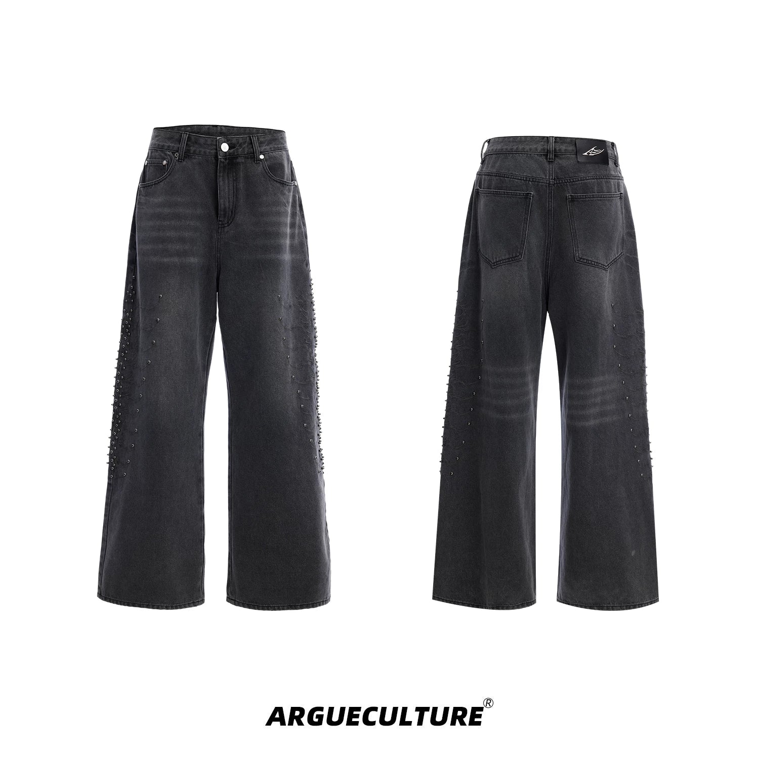 Washed Rivet Straight-Leg Jeans | Embroidered Denim - Gray