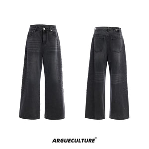 Washed Rivet Straight-Leg Jeans | Embroidered Denim - Gray