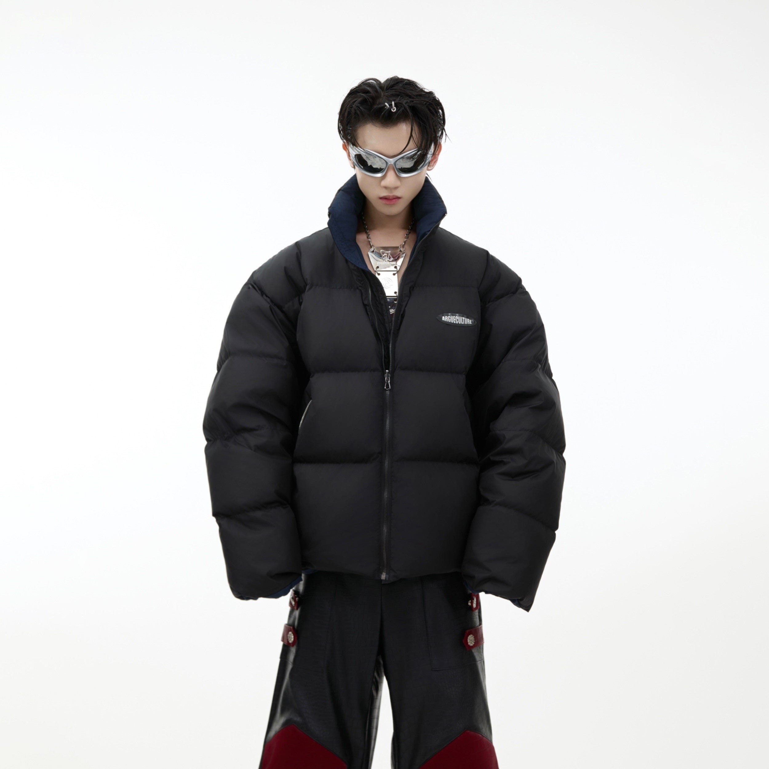 90s-Retro-Short-Puffer-Jacket---White-Duck-Down---Reversible-Stand-Collar-Black