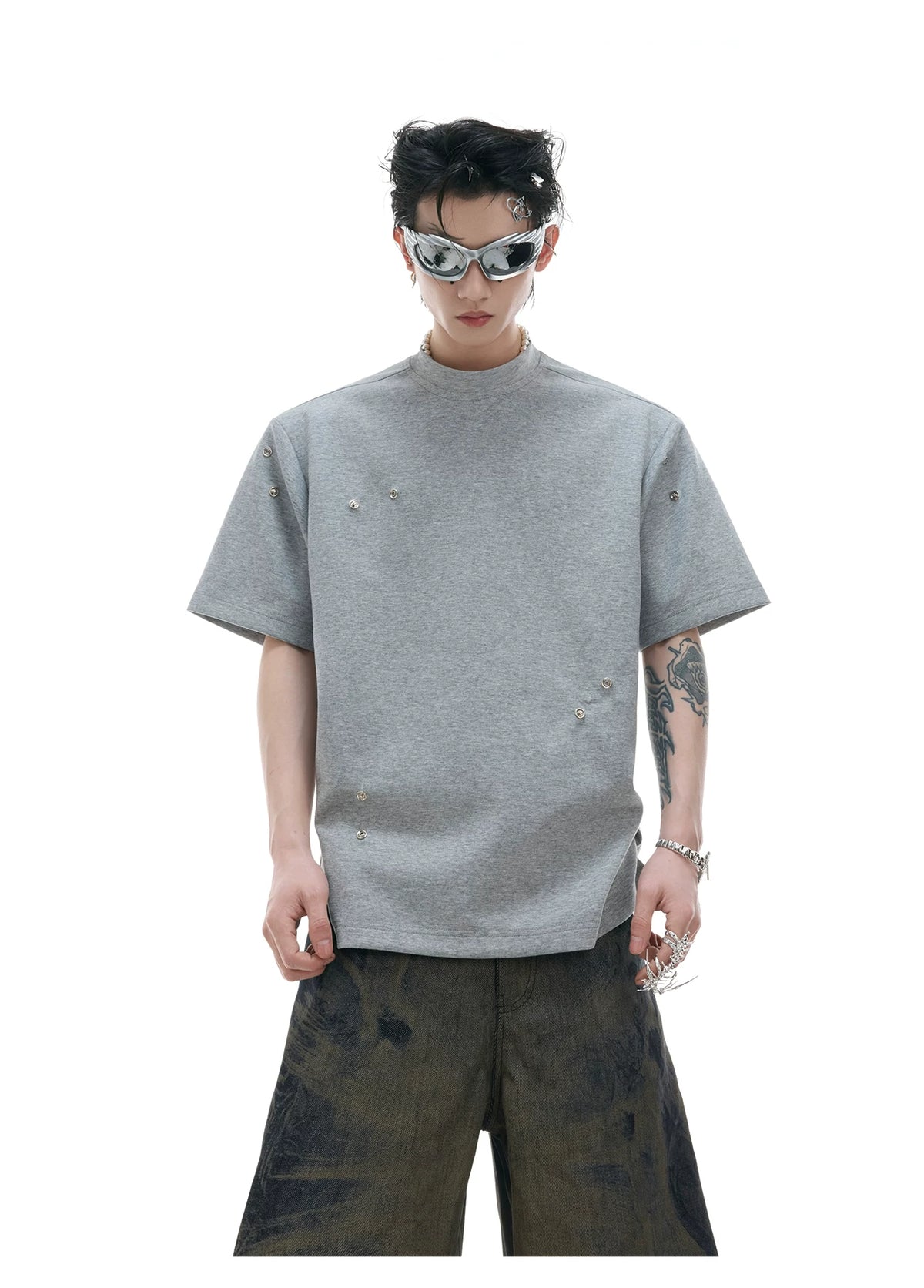 Pleated Boxy Cotton T-Shirt with Metal Details - description image 5