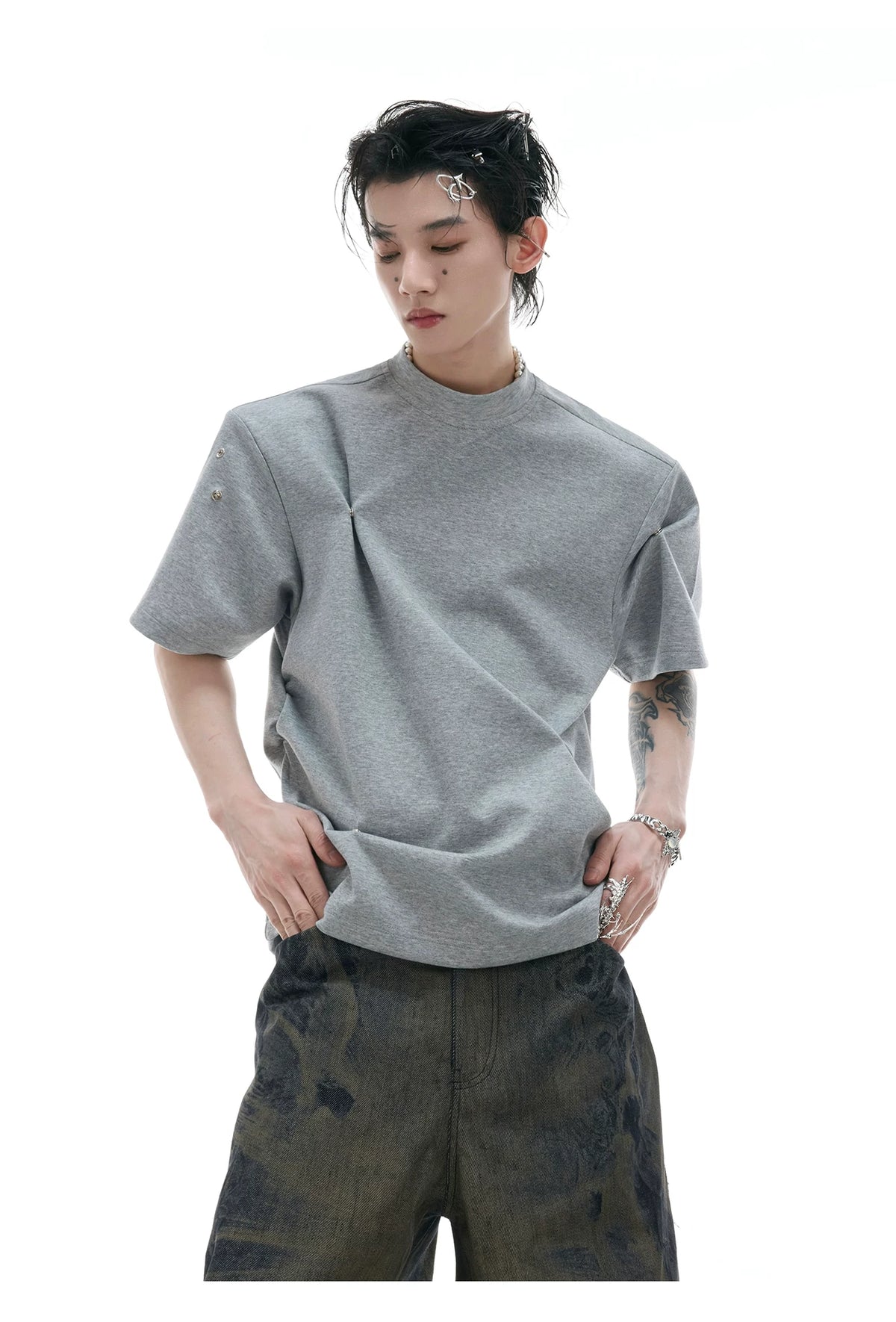 Pleated Boxy Cotton T-Shirt with Metal Details - description image 6