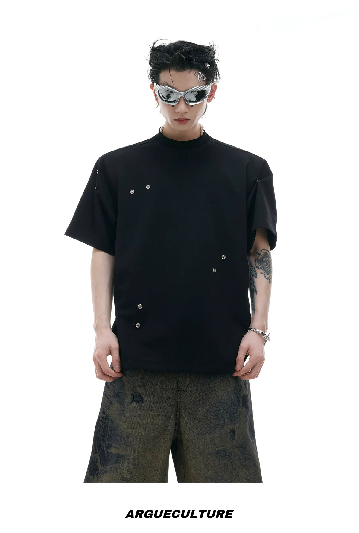 Pleated Boxy Cotton T-Shirt with Metal Details - description image 9