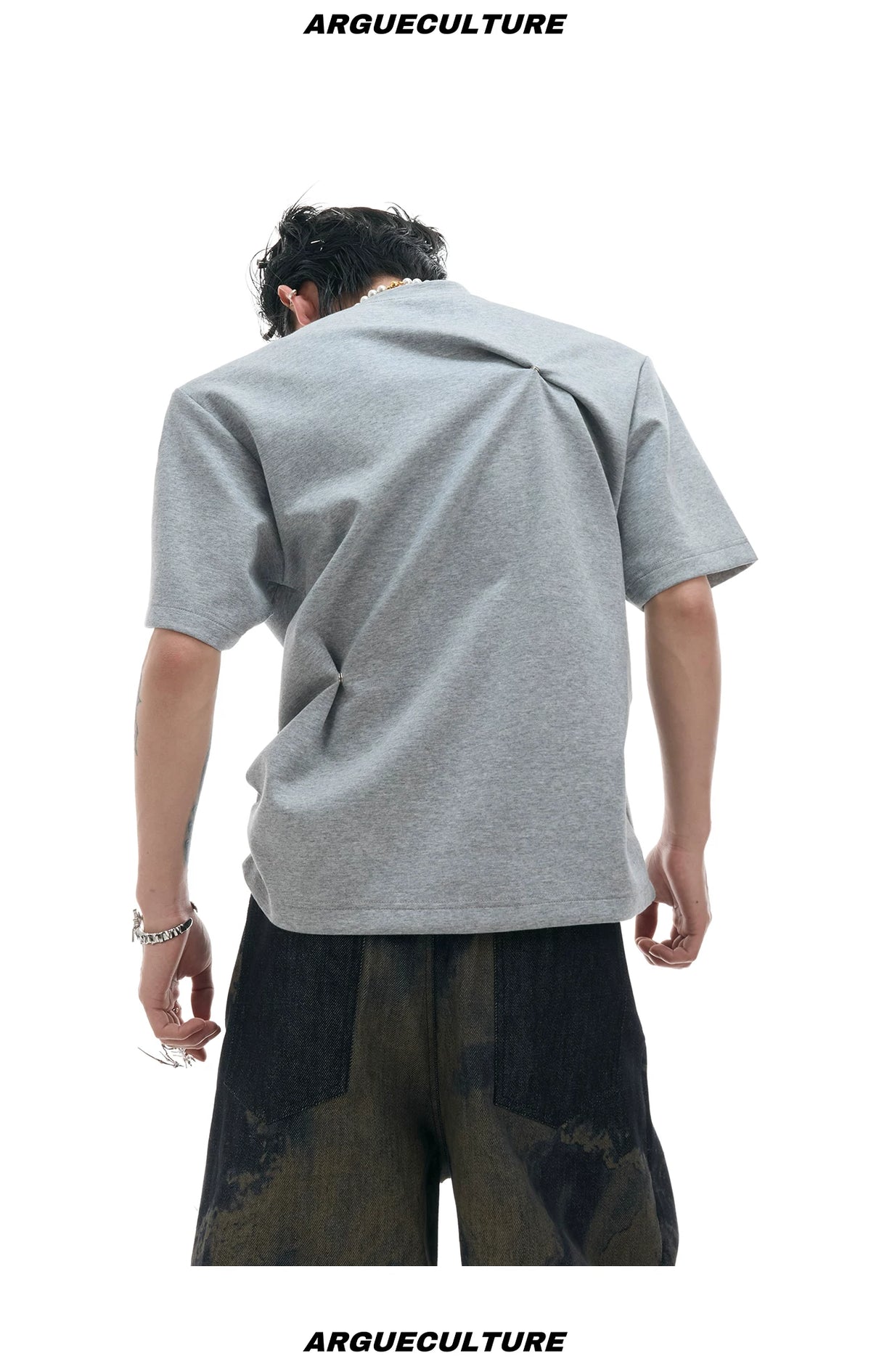 Pleated Boxy Cotton T-Shirt with Metal Details - description image 11