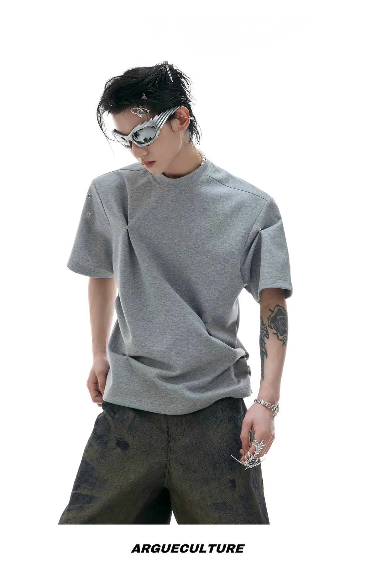 Pleated Boxy Cotton T-Shirt with Metal Details - description image 12