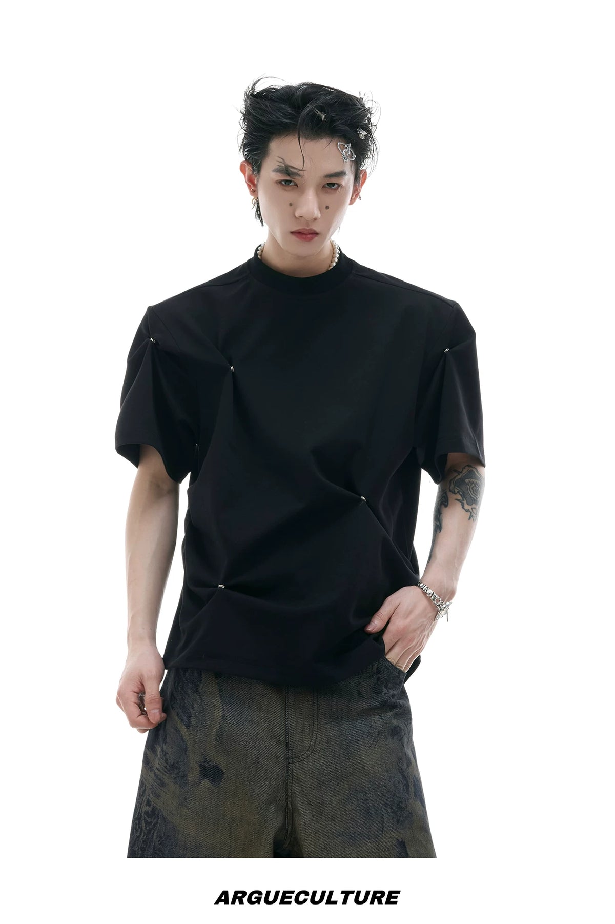 Pleated Boxy Cotton T-Shirt with Metal Details - description image 13