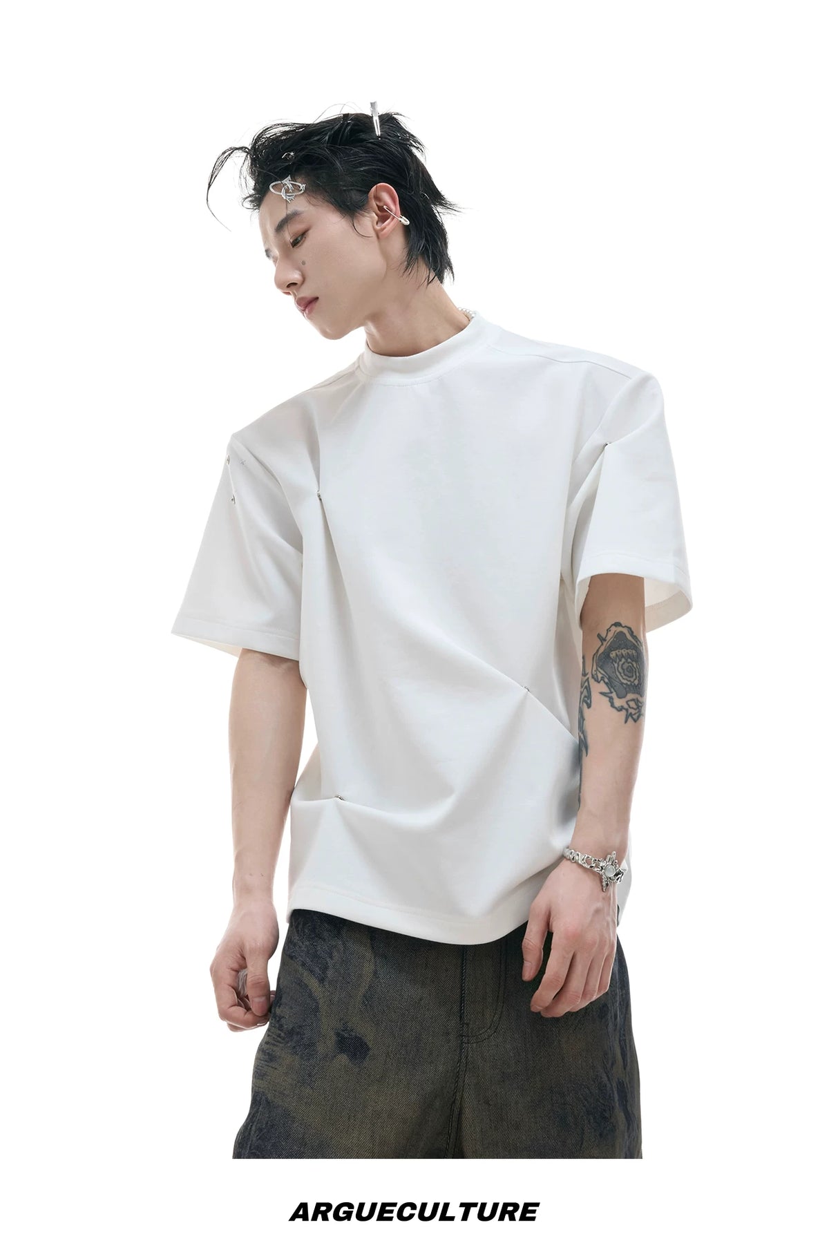 Pleated Boxy Cotton T-Shirt with Metal Details - description image 16