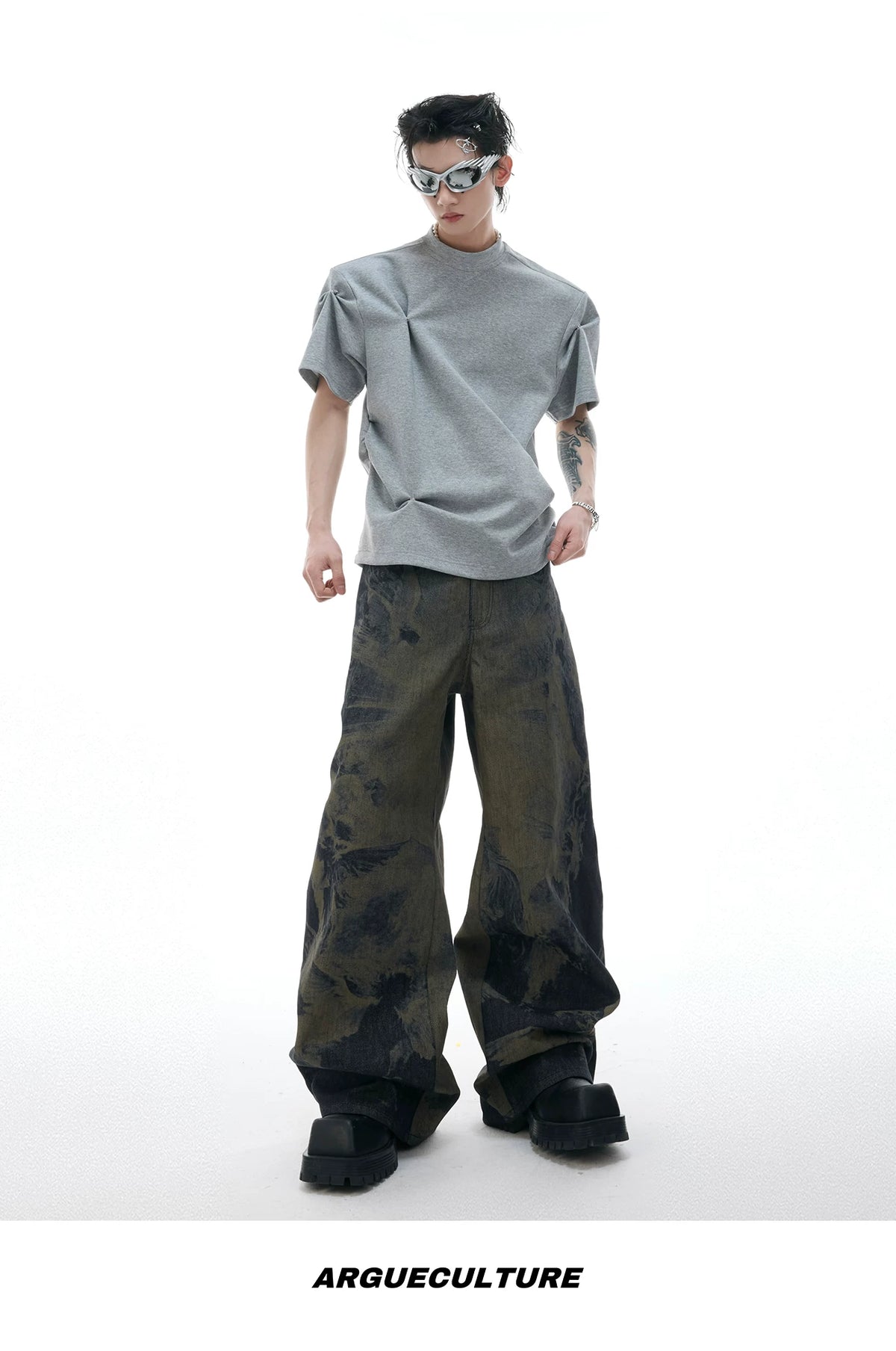 Pleated Boxy Cotton T-Shirt with Metal Details - description image 17