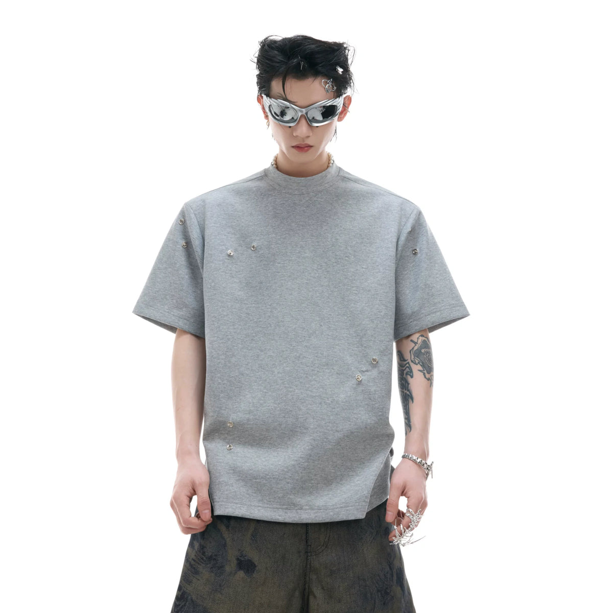 Pleated Boxy Cotton T-Shirt with Metal Details - main image 1