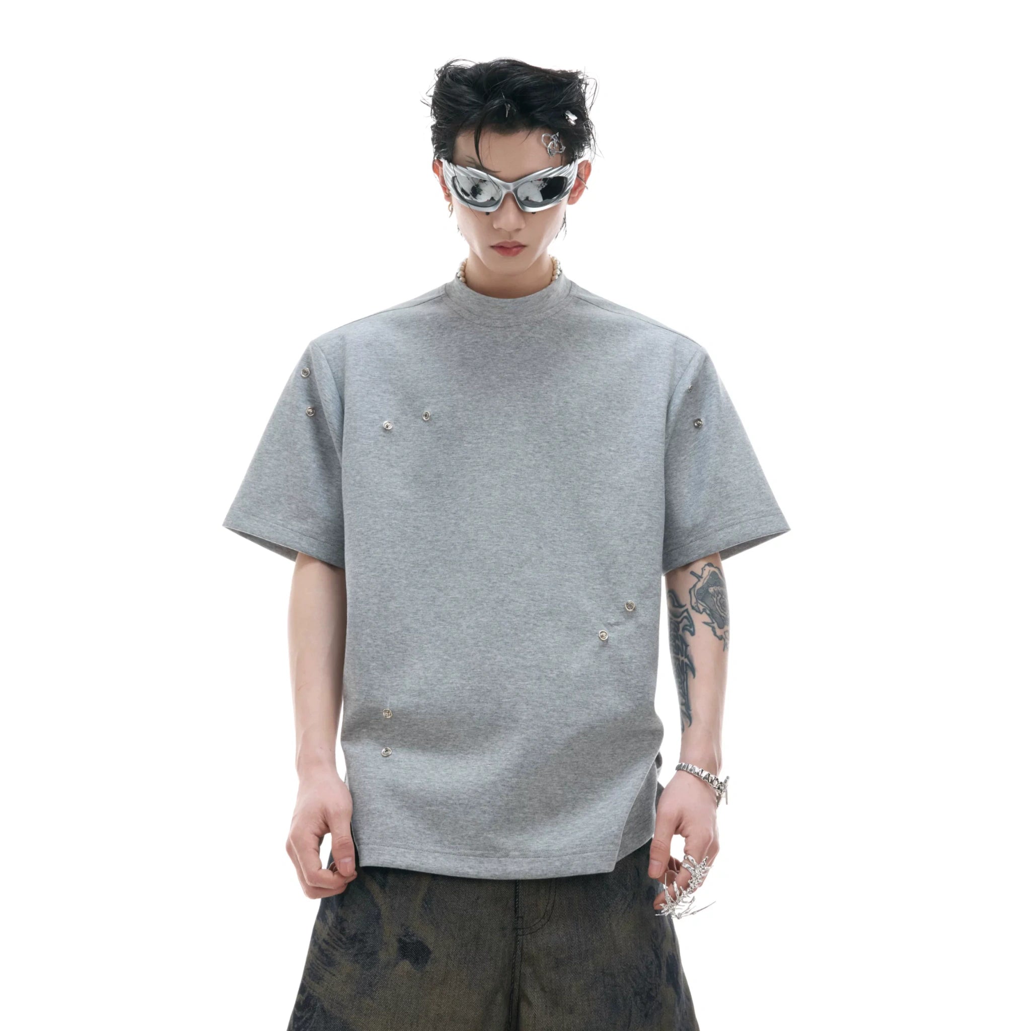 Pleated Boxy Cotton T-Shirt with Metal Details - main image 1