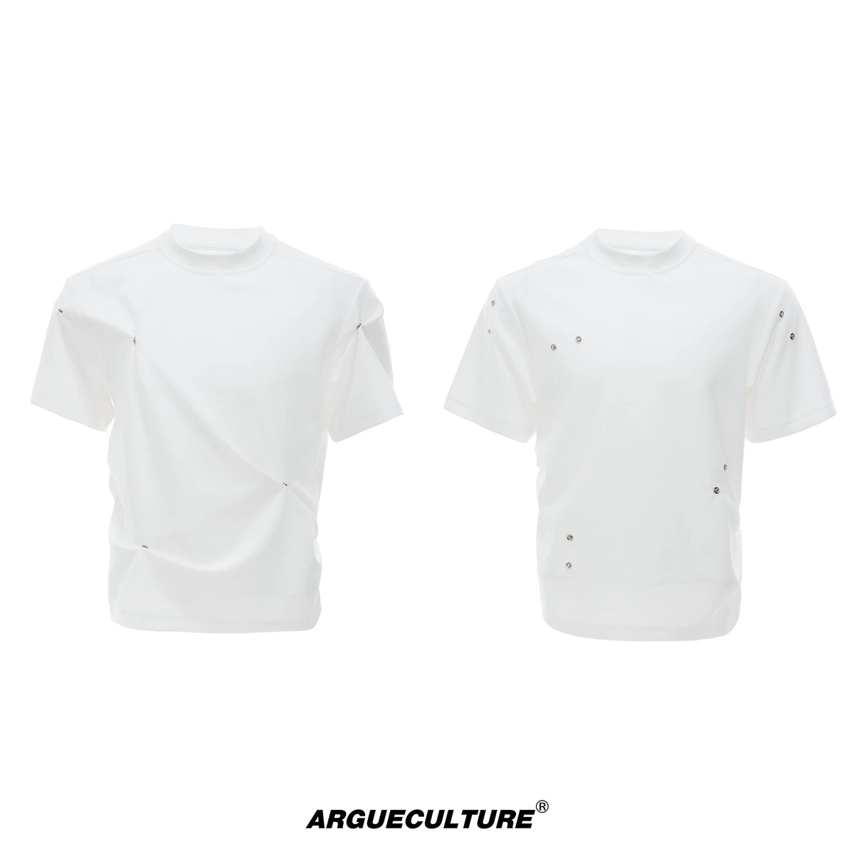 Pleated Boxy Cotton T-Shirt with Metal Details - White T-Shirt