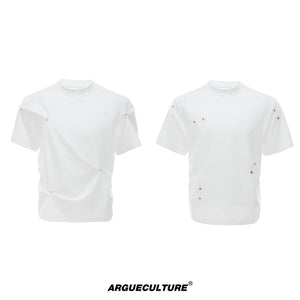 Pleated Boxy Cotton T-Shirt with Metal Details - White T-Shirt