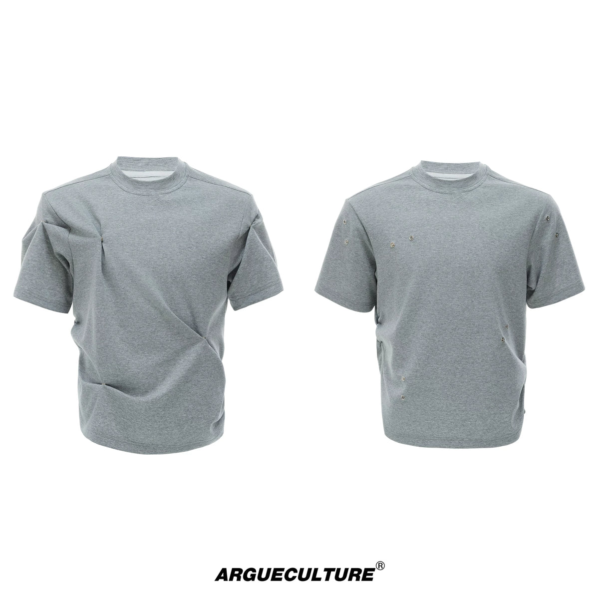Pleated Boxy Cotton T-Shirt with Metal Details - Gray T-Shirt
