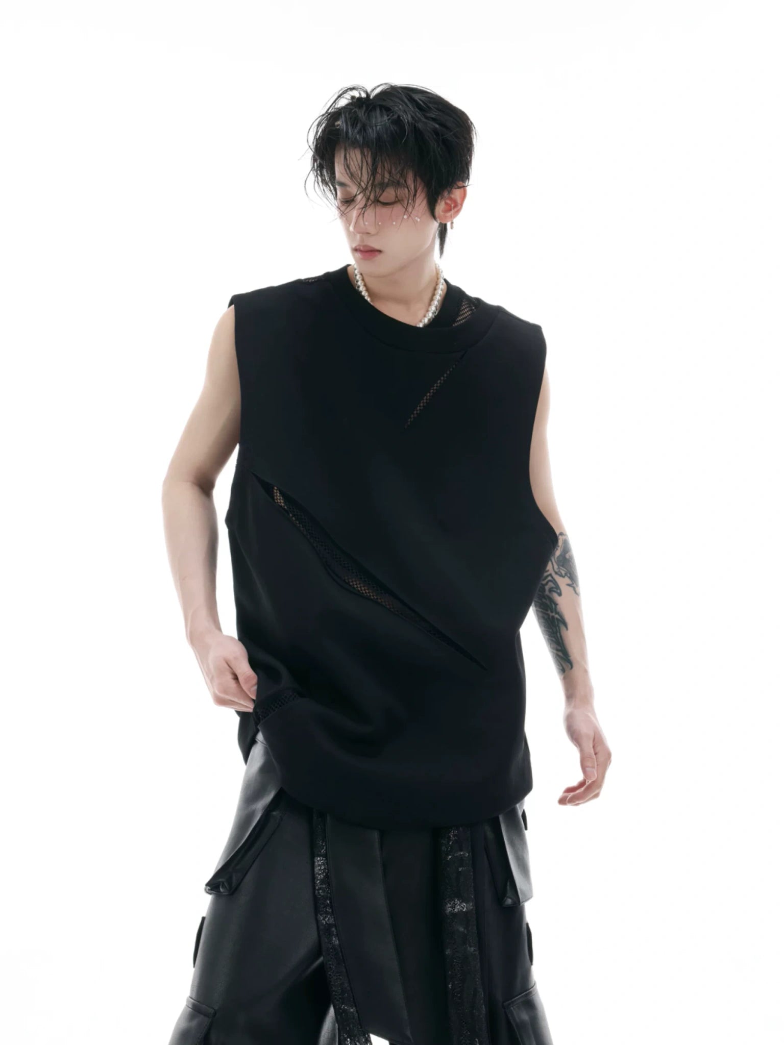 Hollow Mesh Sleeveless Vest | Avant-Garde Streetwear - main image 1