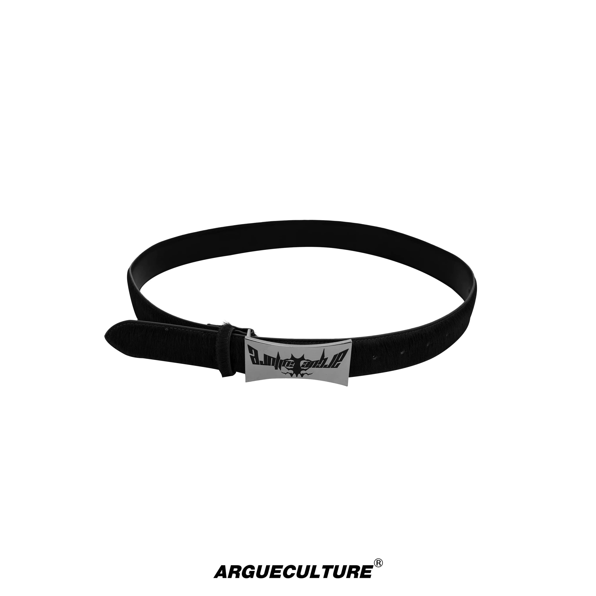 Vintage Horsehair Leather Belt with Metal Plaque - Black