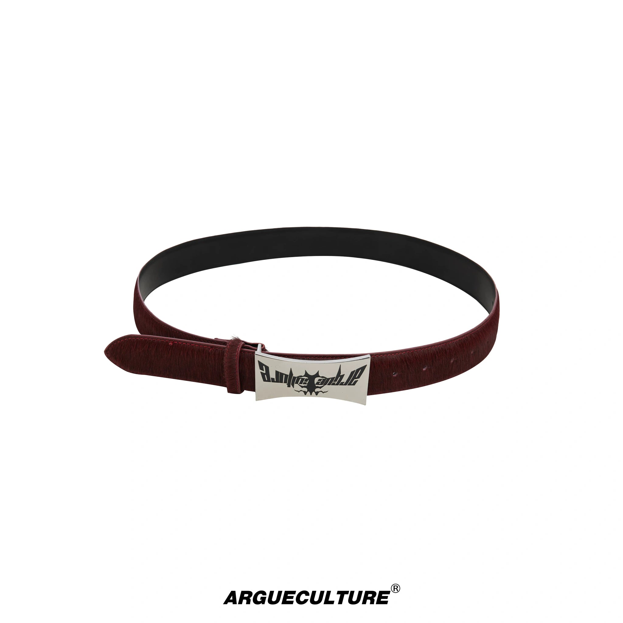 Vintage Horsehair Leather Belt with Metal Plaque - Red