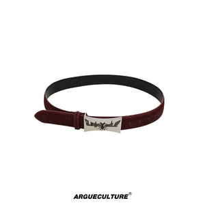 Vintage Horsehair Leather Belt with Metal Plaque - Red