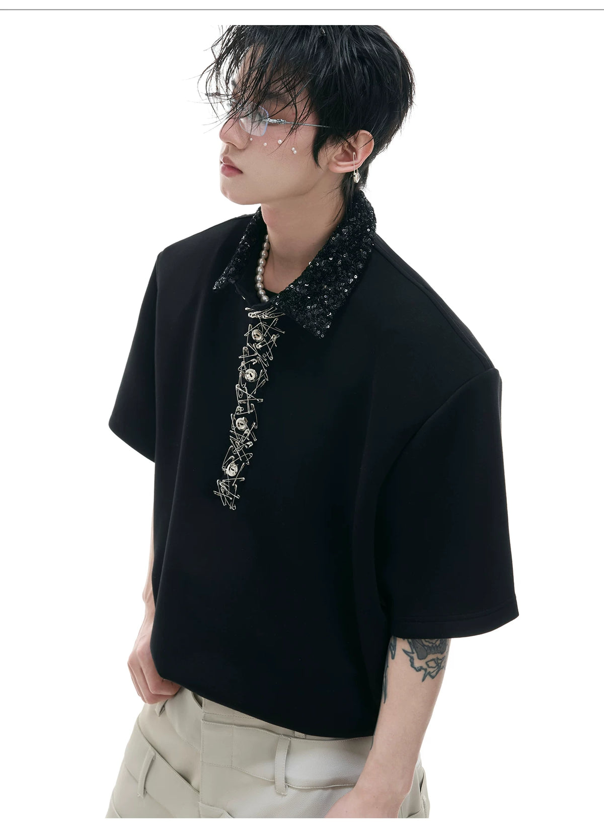 Sequined Square-Neck Polo T-Shirt with Pin Detail - description image 2