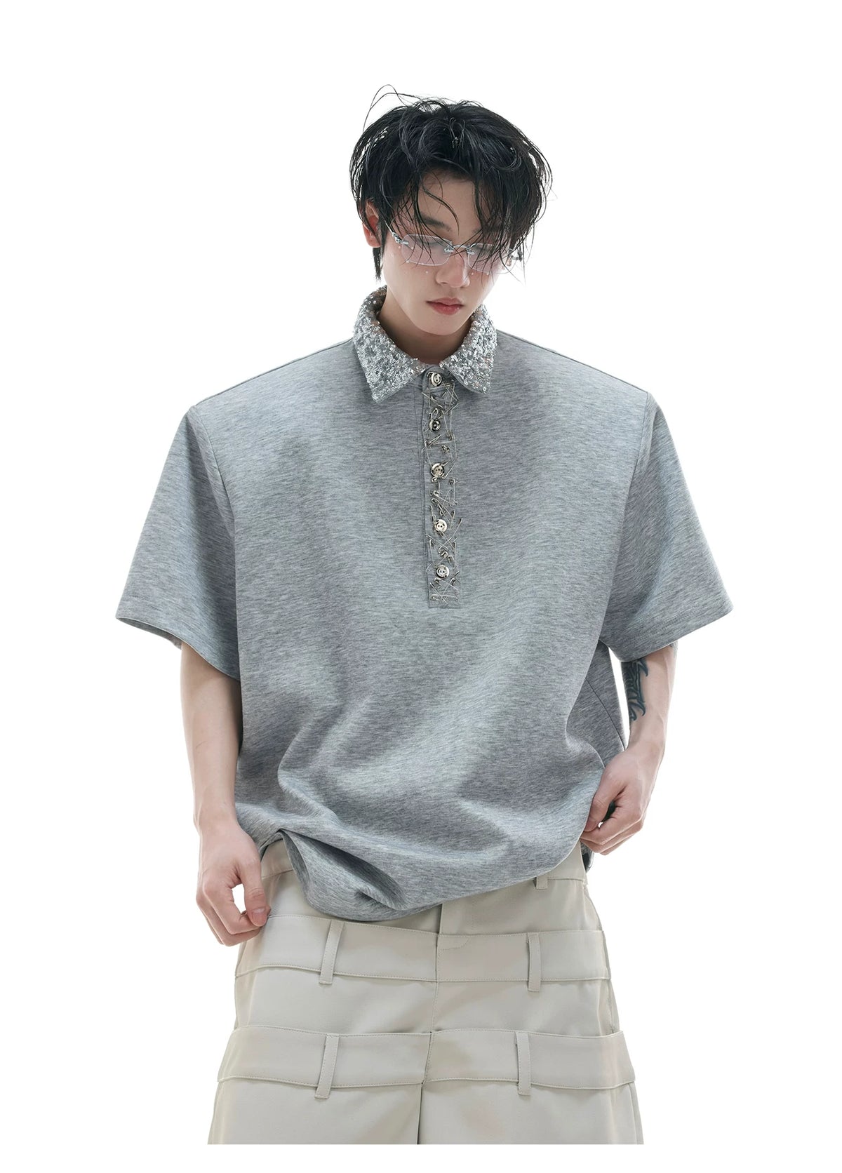 Sequined Square-Neck Polo T-Shirt with Pin Detail - description image 4