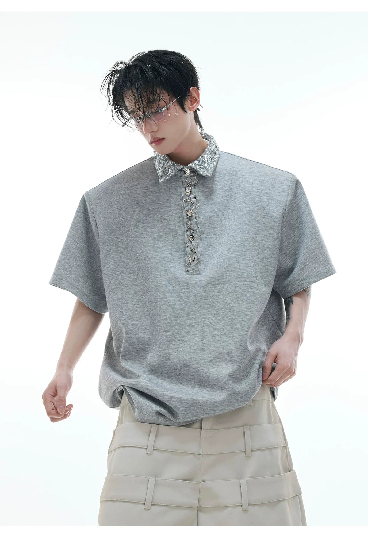 Sequined Square-Neck Polo T-Shirt with Pin Detail - description image 5