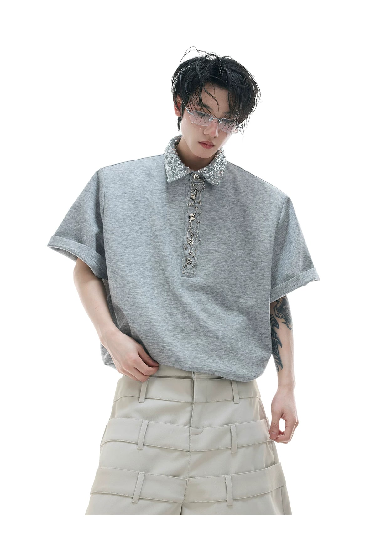 Sequined Square-Neck Polo T-Shirt with Pin Detail - description image 6