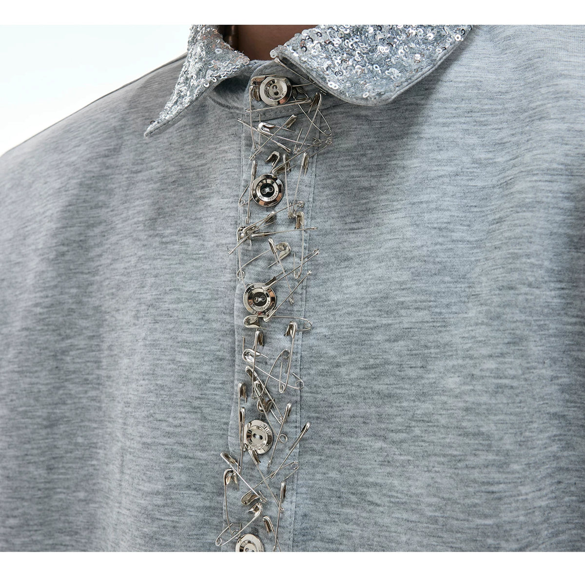 Sequined Square-Neck Polo T-Shirt with Pin Detail - description image 7