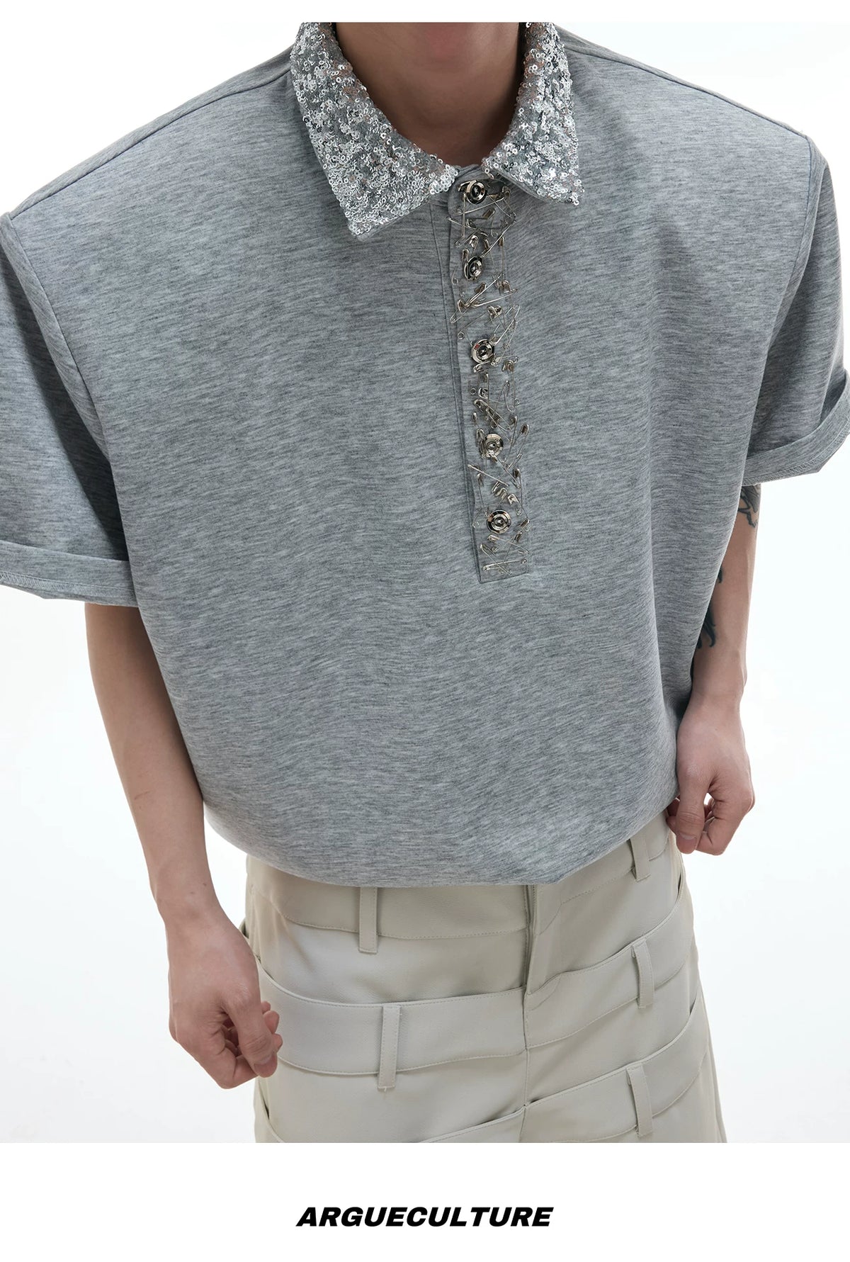 Sequined Square-Neck Polo T-Shirt with Pin Detail - description image 8