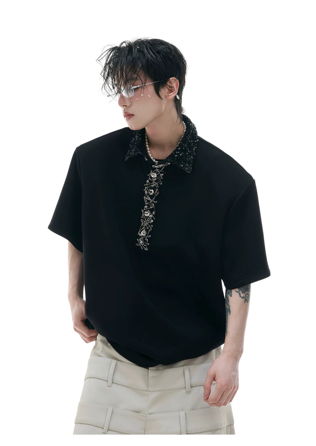 Sequined Square-Neck Polo T-Shirt with Pin Detail - description image 9