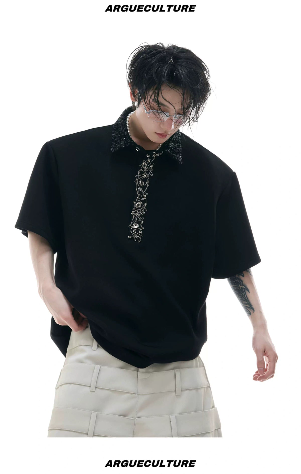 Sequined Square-Neck Polo T-Shirt with Pin Detail - description image 10