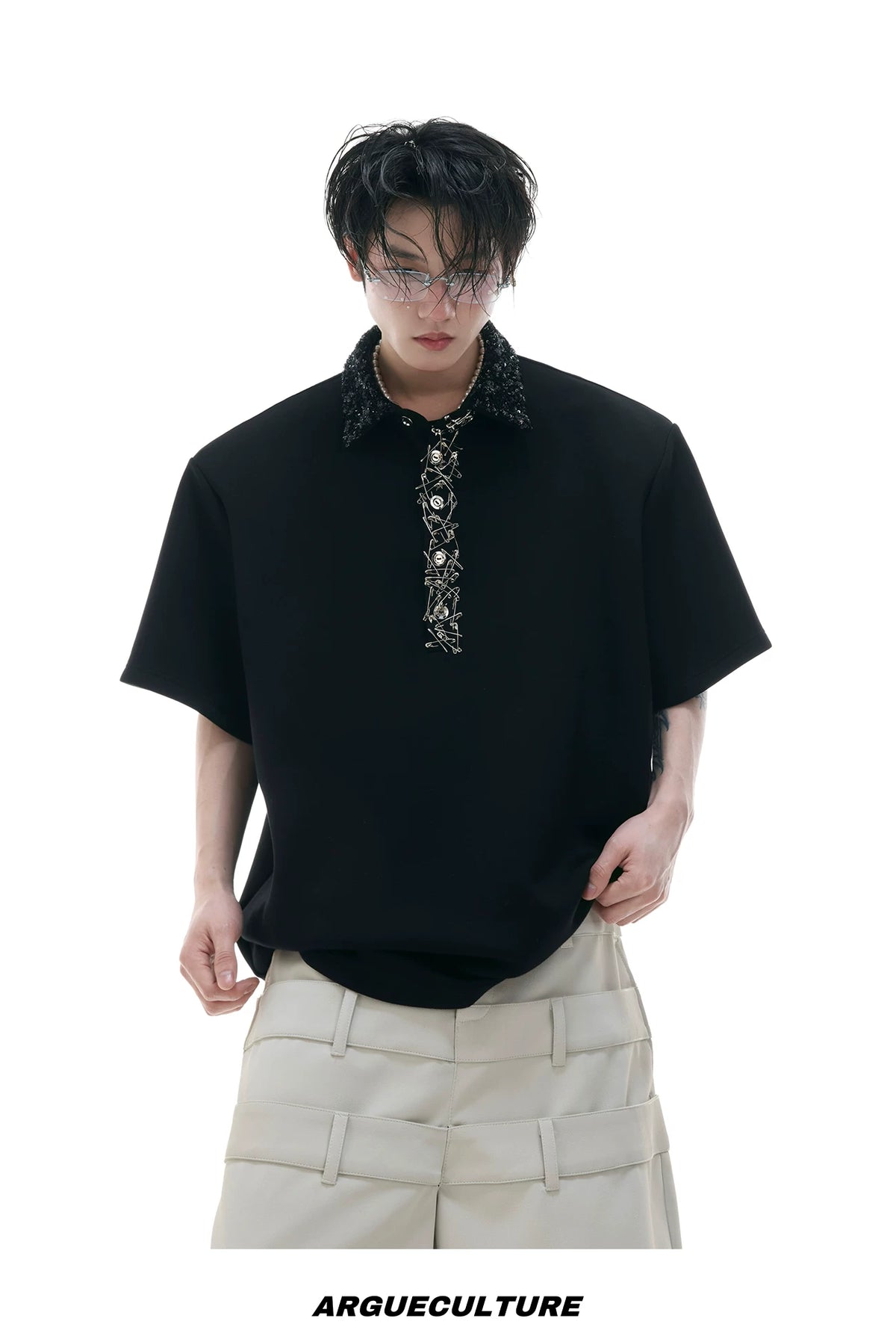 Sequined Square-Neck Polo T-Shirt with Pin Detail - description image 11