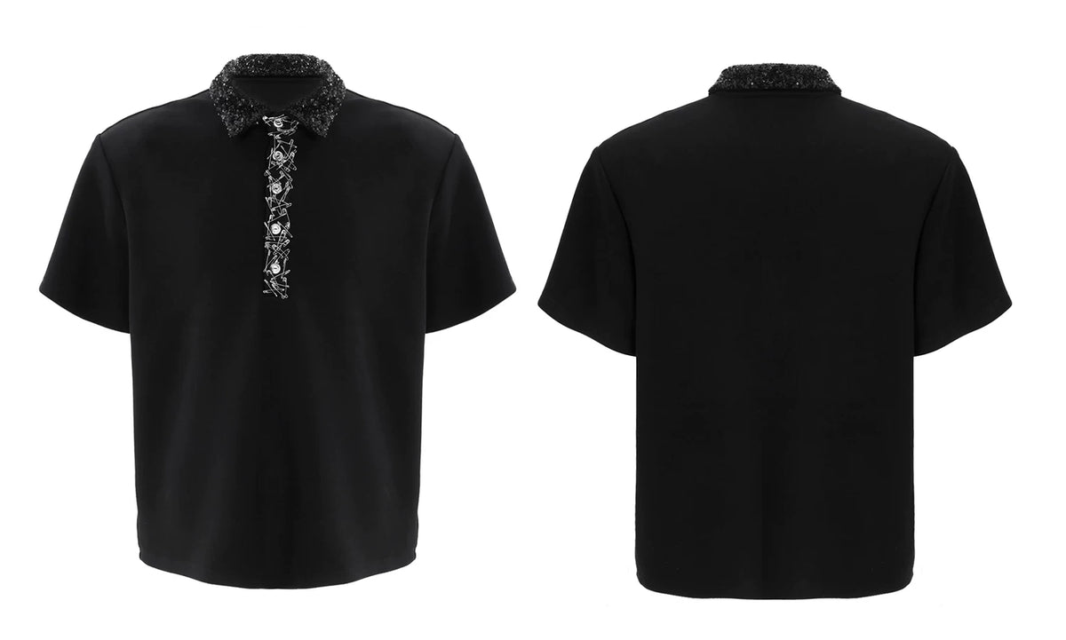 Sequined Square-Neck Polo T-Shirt with Pin Detail - description image 13