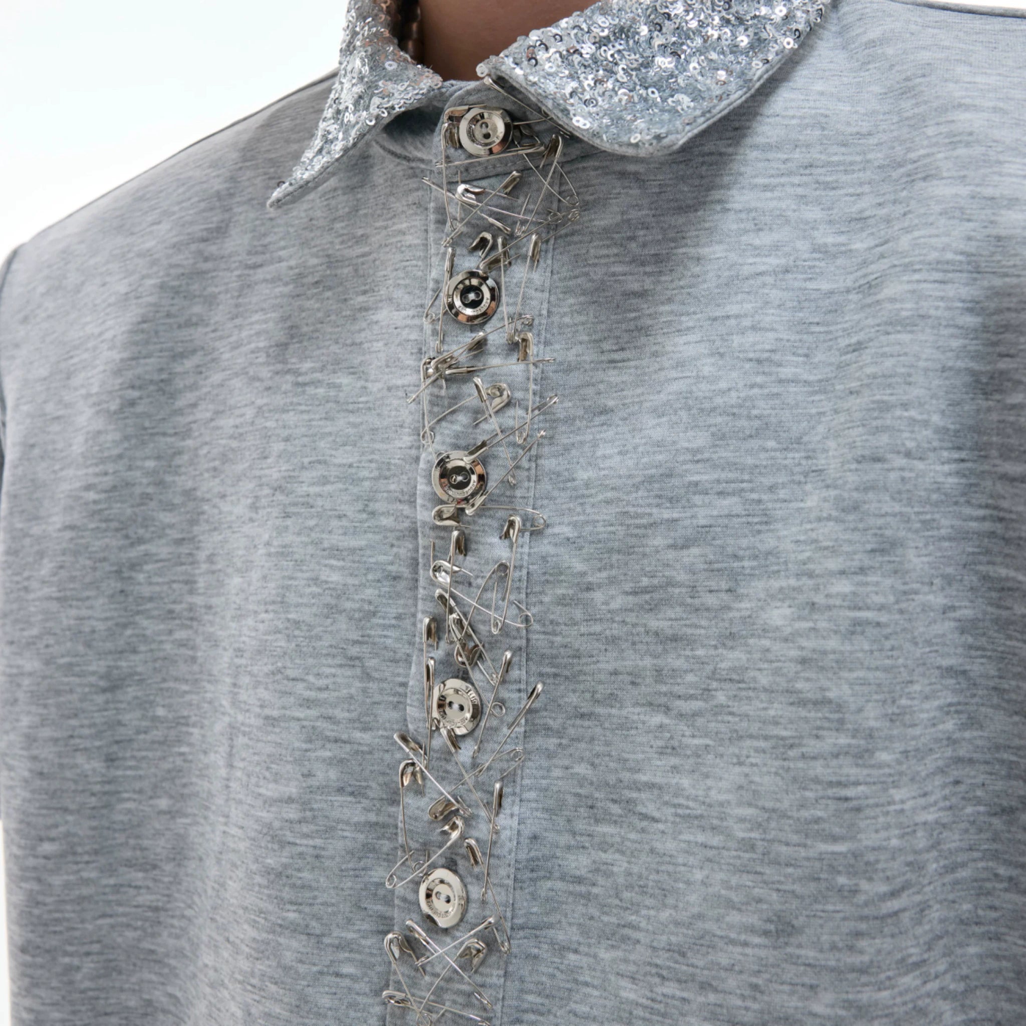 Sequined Square-Neck Polo T-Shirt with Pin Detail - main image 4