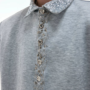 Sequined Square-Neck Polo T-Shirt with Pin Detail - main image 4