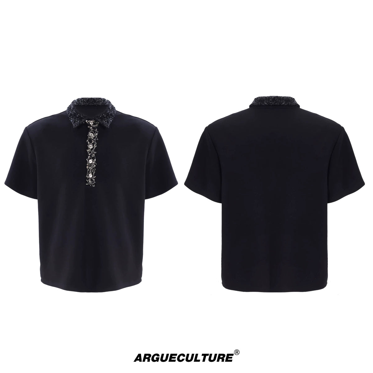 Sequined Square-Neck Polo T-Shirt with Pin Detail - Black