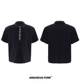 Sequined Square-Neck Polo T-Shirt with Pin Detail - Black